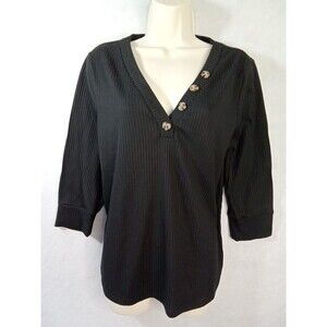 Love Story Women Blouse Xl Black V Neck Button‎ Pullover 3/4 Sleeve